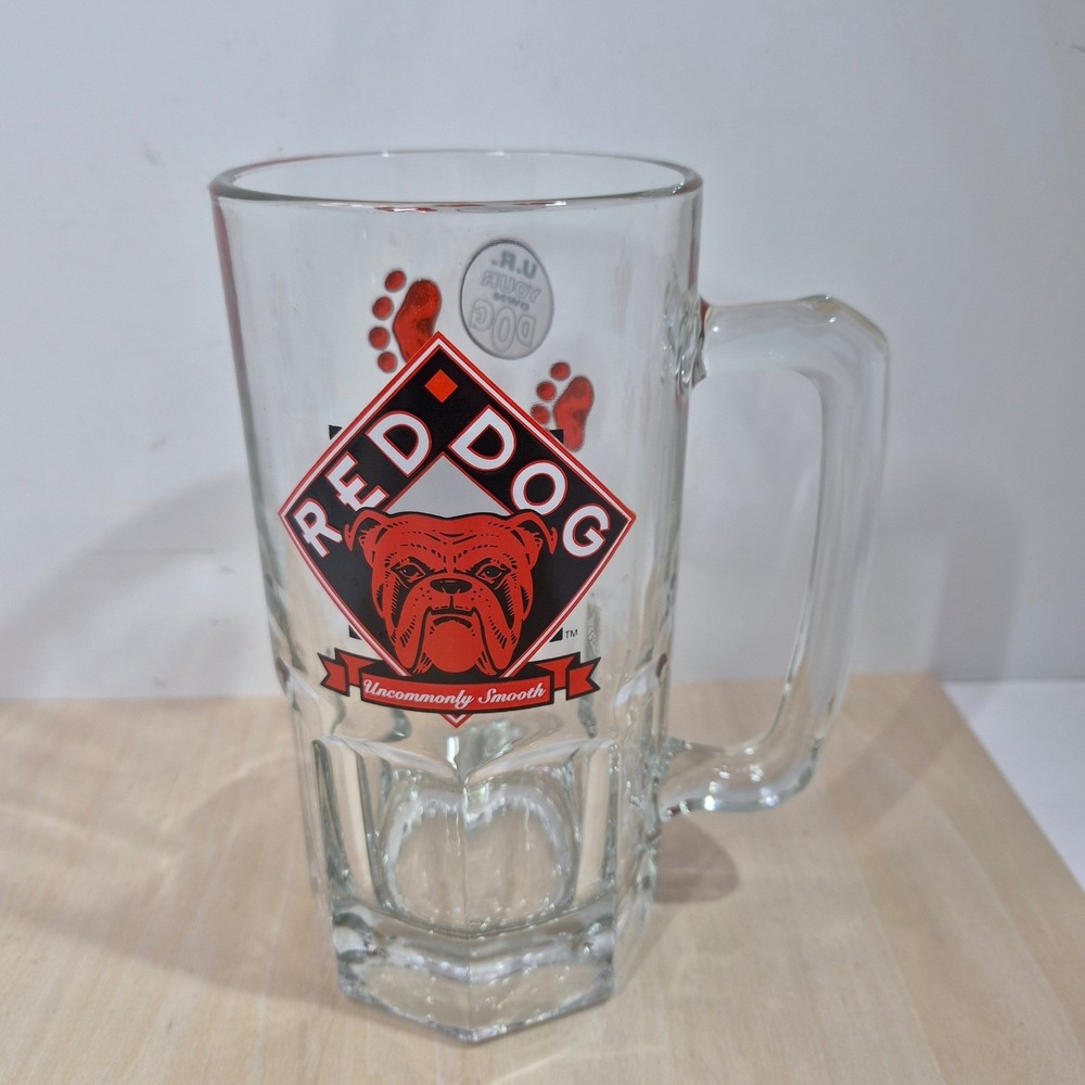 Vintage Red Dog Beer‎ Mug Glass 1997 Plank Road Brewery Bulldog Paw Prints